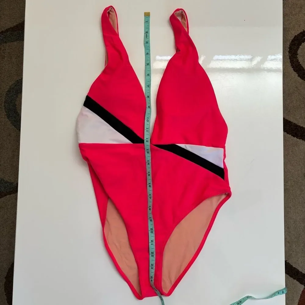 Fabletics Maro Mallet Medium One-Piece Swimsuit Plunge Front/Back Hot Coral